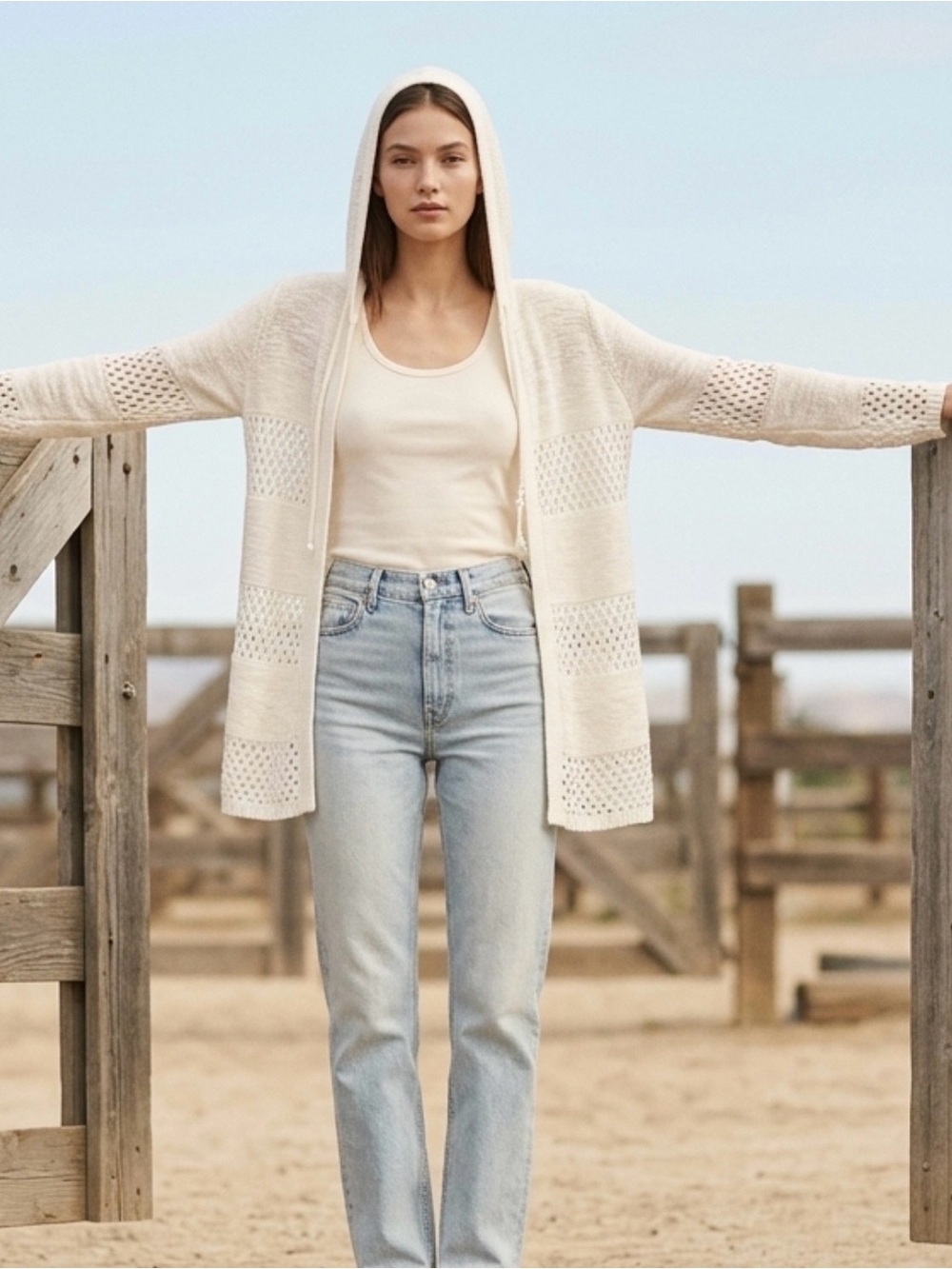 Lightweight Hooded Open-Knit Cardigan in Cream